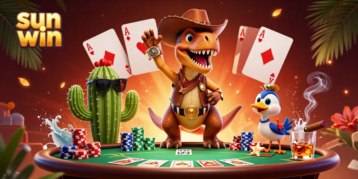 Experience sun win excitement at a lively poker game with dynamic characters and casino elements.