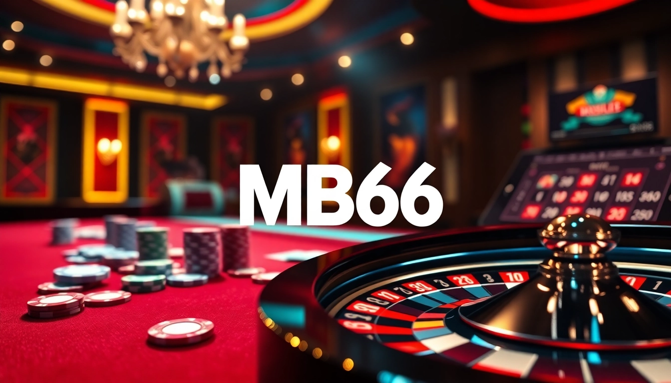 Experience the thrill of online gaming at MB66 with a vibrant casino scene featuring tables, chips, and roulette.