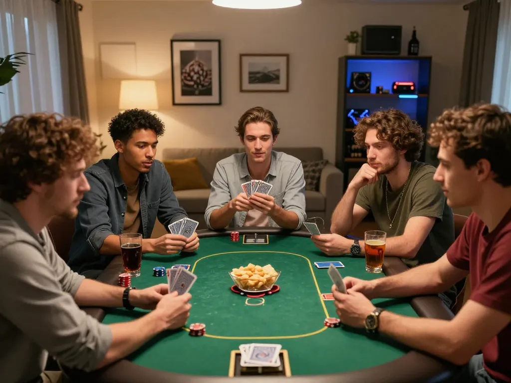 Engaging moment of friends enjoying ดูหนังออนไลน์ฟรี during a friendly poker game, showcasing strategy and camaraderie.