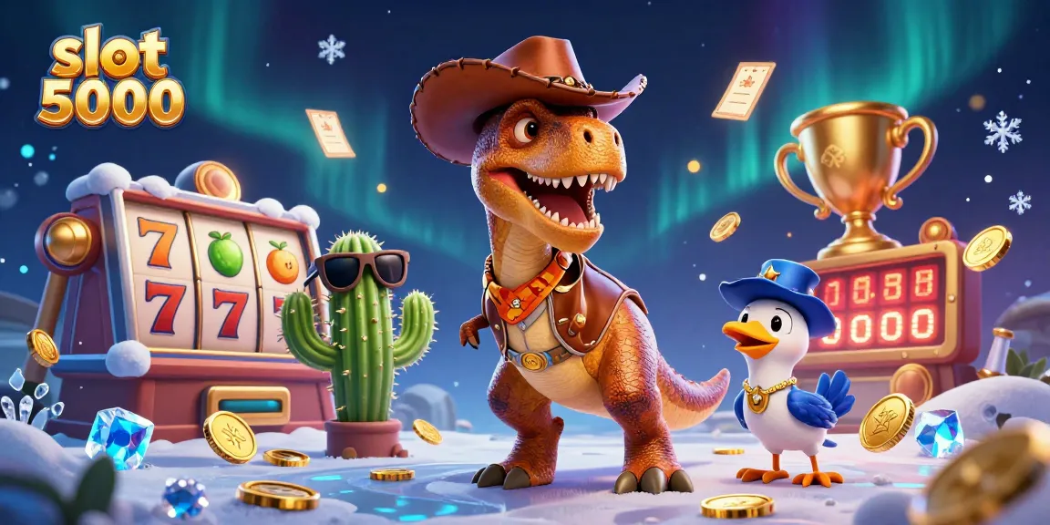 Rasakan keseruan bermain slot 5000 dengan karakter menarik seperti T-Rex dan elemen jackpot yang menawan.
