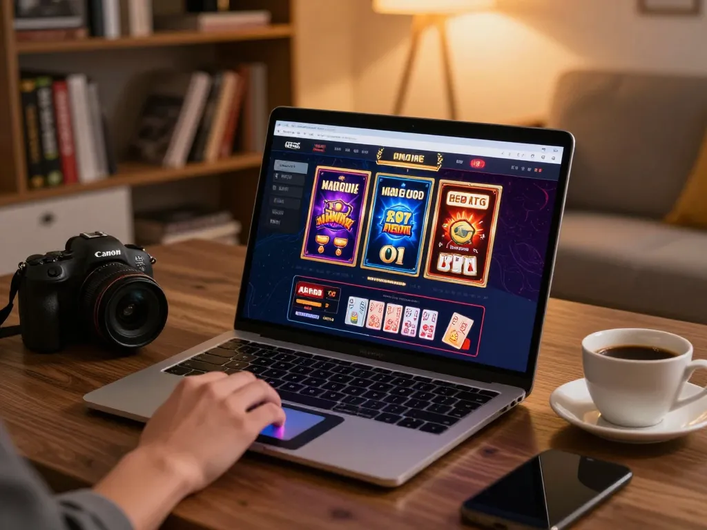 Experience Sunwin online gaming at home with vibrant slots and card games on a laptop