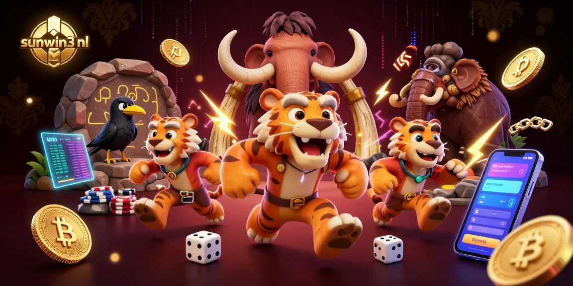 Play exciting games at sunwin3 nl with a fun caveman and sabertooth duo in a vibrant casino setting