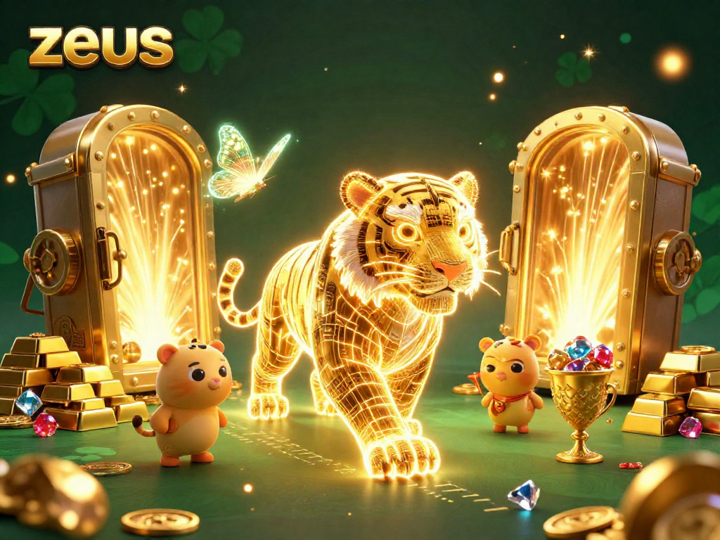 Experience the thrill of zeus in a captivating casino scene with a golden tiger and treasure.