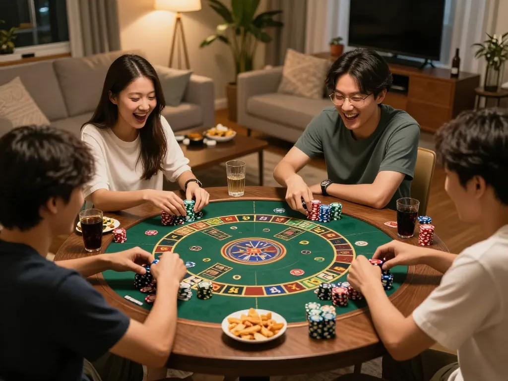 Players enjoying app tài xỉu online uy tín in a cozy home setting with snacks and warm lighting.