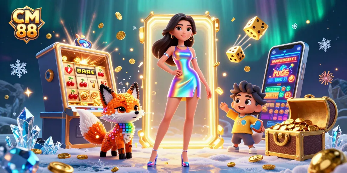Engage with CM 88's vibrant online casino world through a colorful, dynamic digital art illustration featuring exciting gambling elements.