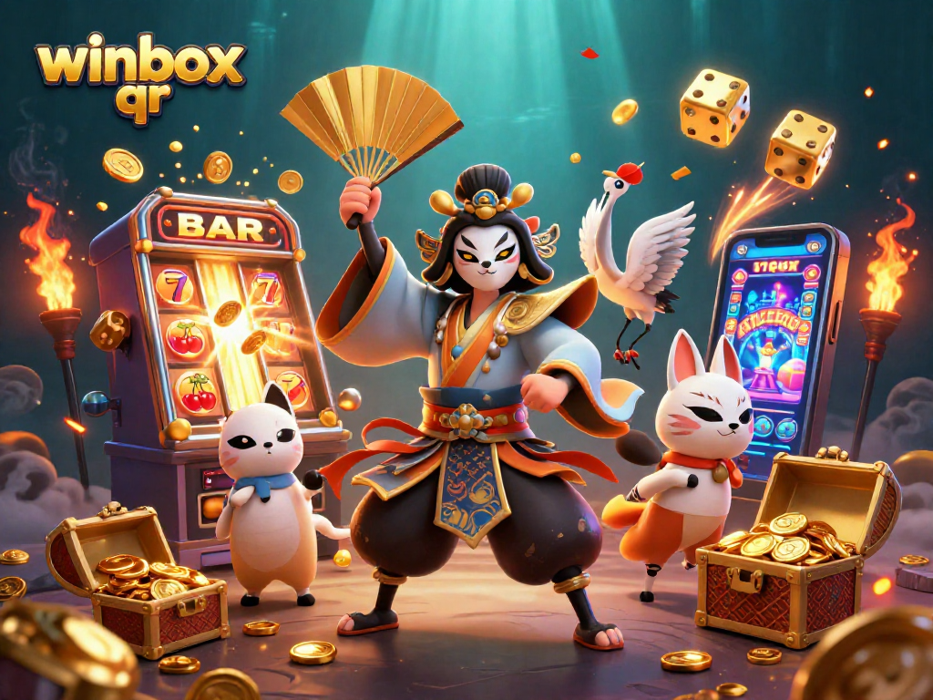 Winbox qr slot game illustration showcasing a kabuki warrior and vibrant casino elements.