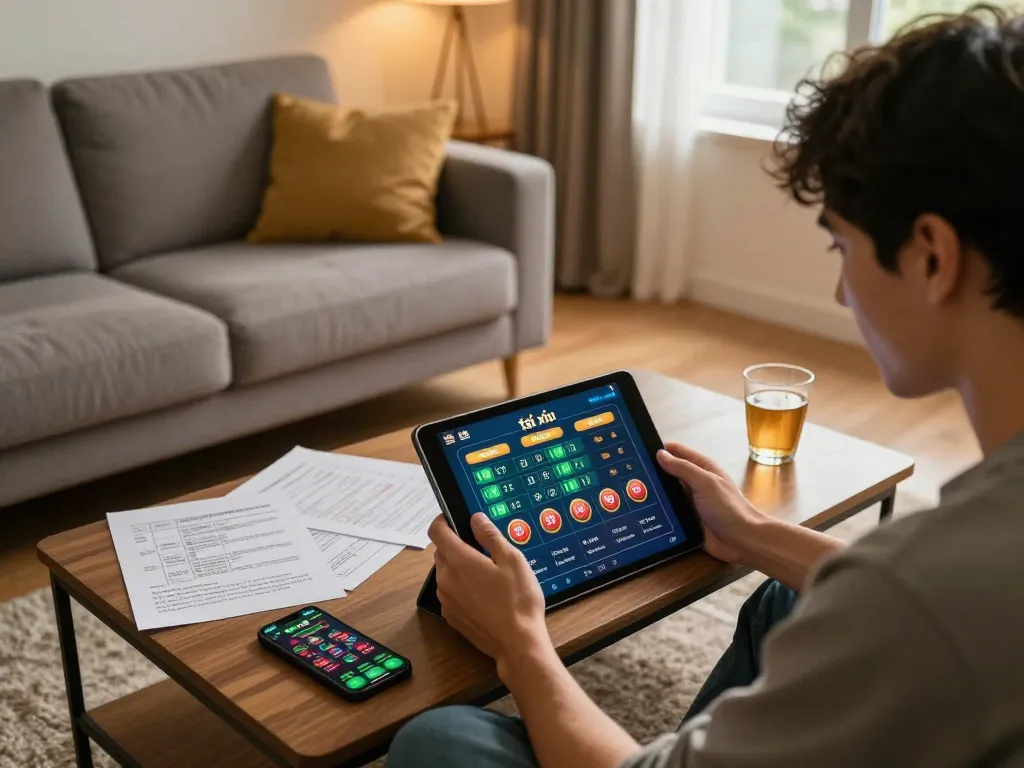 Tài xỉu online setup, showing player engaged with betting options on tablet in cozy living room.