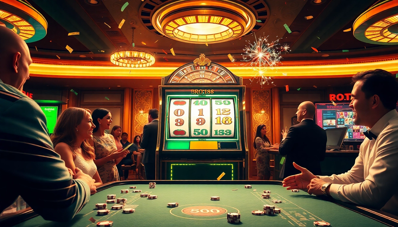 Players enjoying a thrilling game at Bro138 slot machine in a vibrant casino atmosphere.