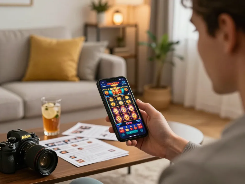 Player engaging with SC88 casino app on smartphone, showcasing dynamic slot game excitement in a stylish home.