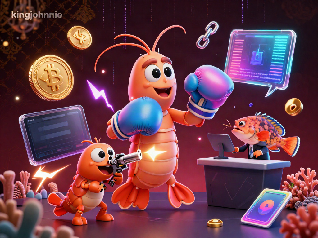 Engage with kingjohnnie's thrilling casino atmosphere featuring a vibrant 3D shrimp showdown and glowing digital currency elements.