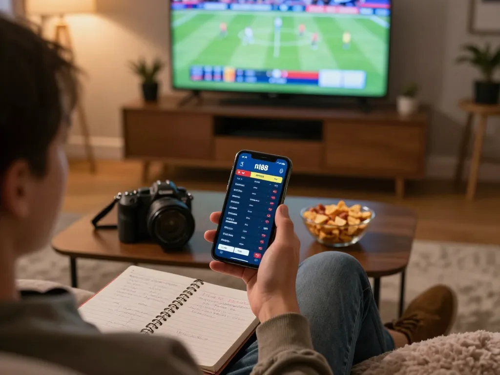 Engaged player analyzing n188 game betting options on smartphone while watching live sports.