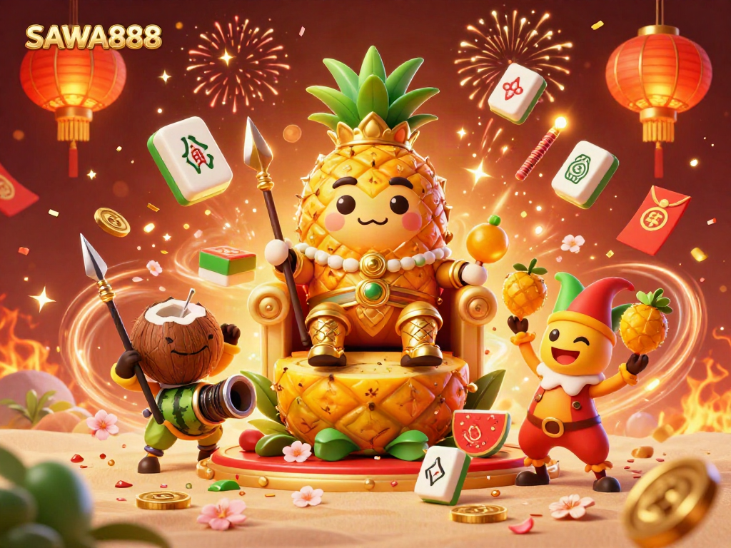 Engage with SAWA888's vibrant casino scene featuring a golden pineapple king and festive elements.