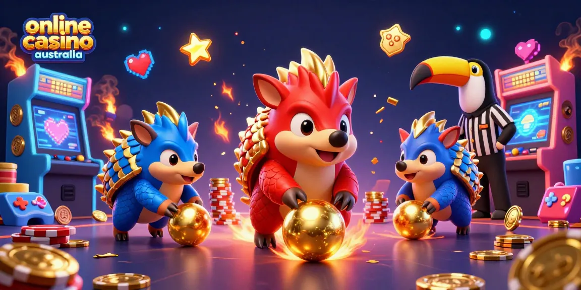 Engage with the lively scene of the online casino Australia featuring rival pangolins rolling golden balls and poker chips.