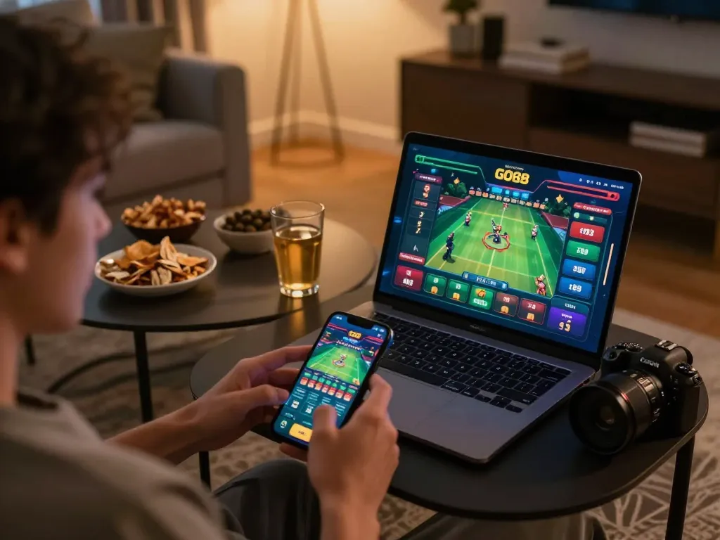 Player engaging with the GO88 app on laptop, enjoying a cozy home gaming experience.