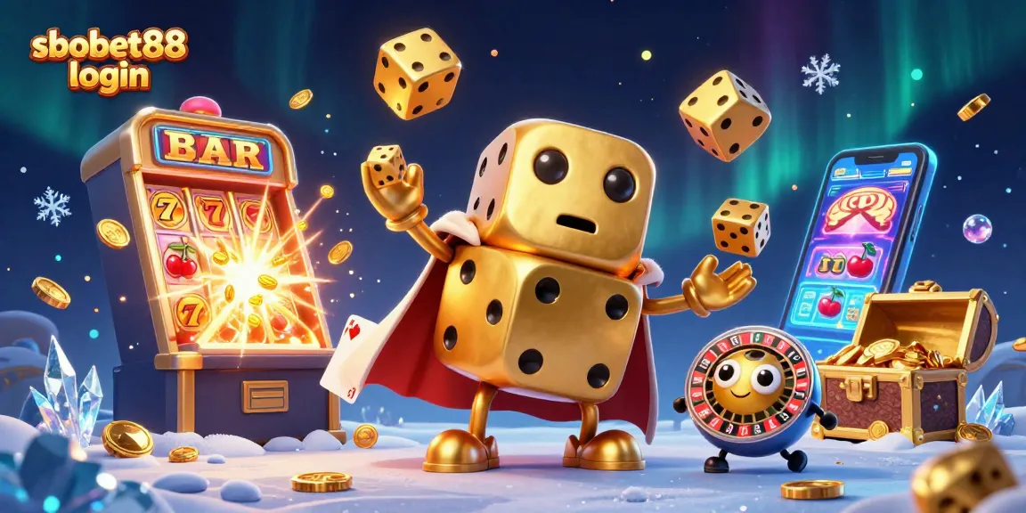Engage with sbobet88 login and jackpot excitement featuring golden dice and casino elements.