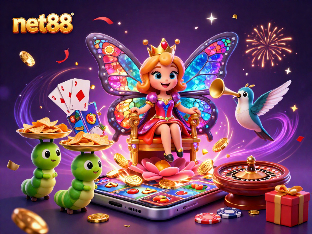 Experience net88's vibrant butterfly queen amidst casino elements, celebrating with vibrant colors and dynamic textures.