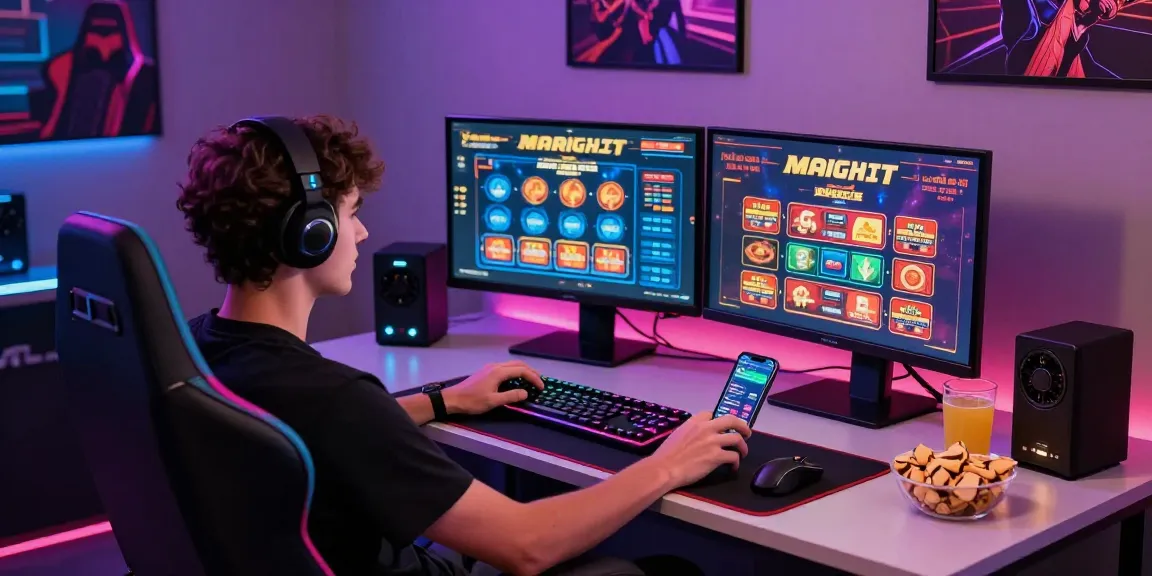 Engaging player at home enjoying credit card casinos with dual monitors and vibrant gaming setup.
