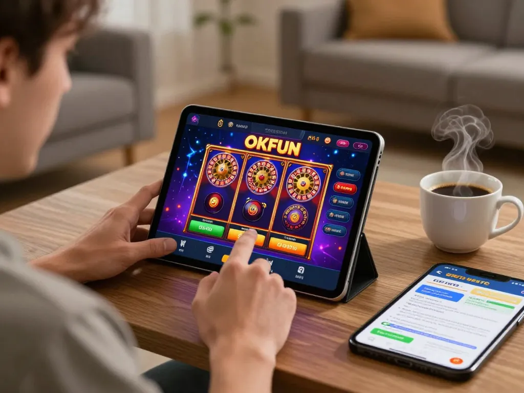 Player enjoying the OKFUN casino app on tablet in a cozy home setting while calculating strategies.