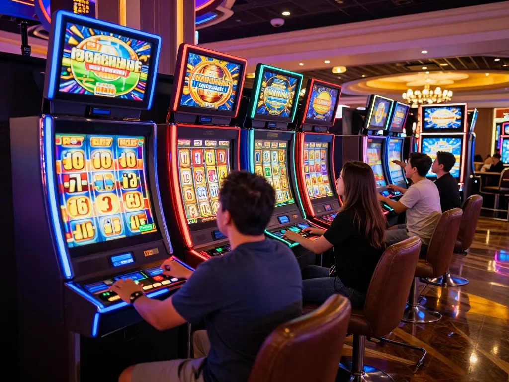 Igamble247 Slot players enjoying vibrant machines in a lively casino, conveying excitement and engagement