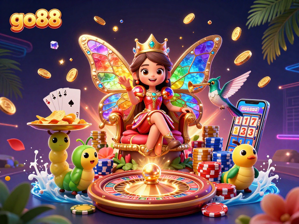 Experience go88's vibrant casino scene with a butterfly queen amidst roulette wheels and colorful chips.