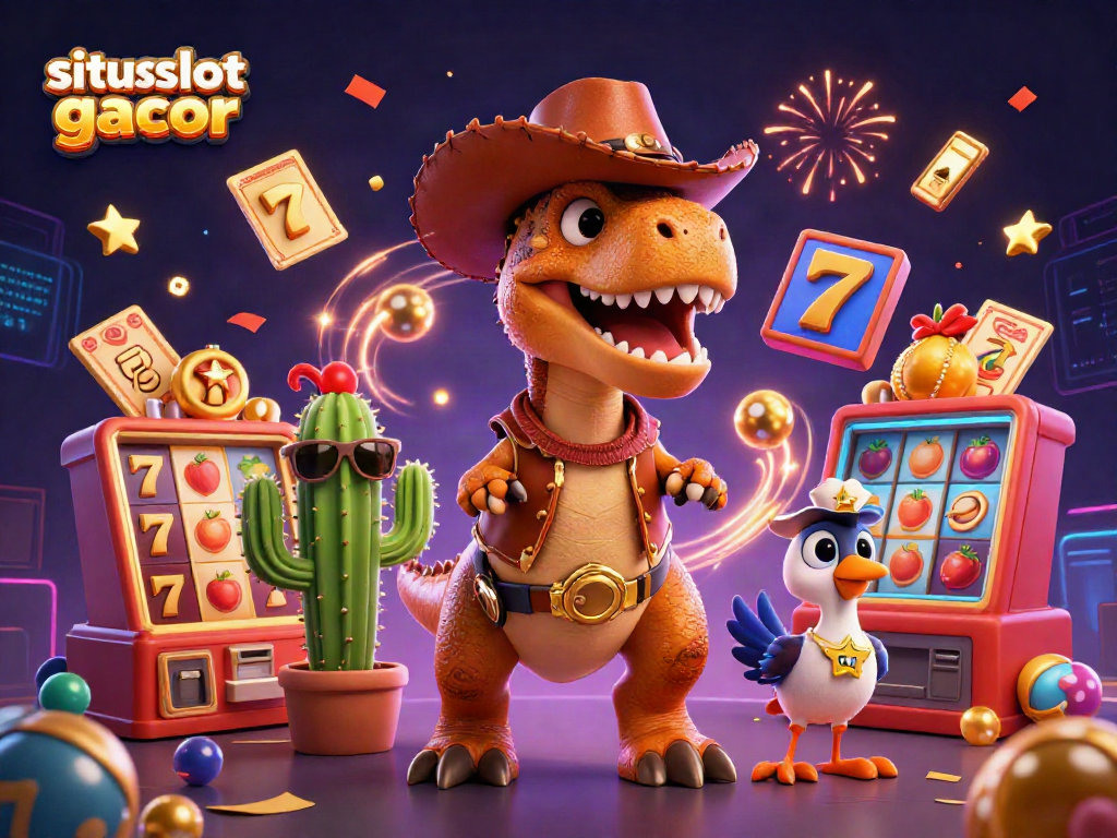 Ilustrasi 3D menghibur dengan karakter situs slot gacor, dikelilingi elemen permainan kasino.