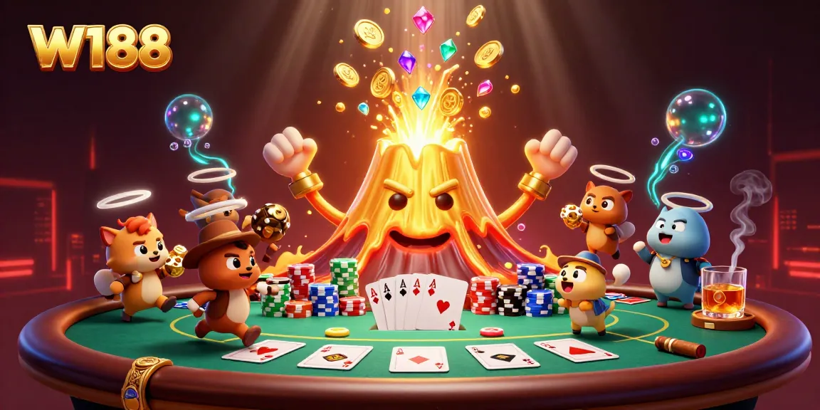 W188 players enjoying a vibrant poker scene with treasure and a golden volcano erupting.