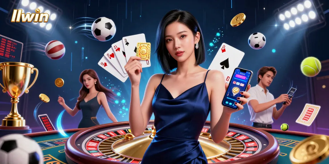 llwin offers thrilling casino app experiences, showcasing a stunning Asian woman with dynamic sports elements.