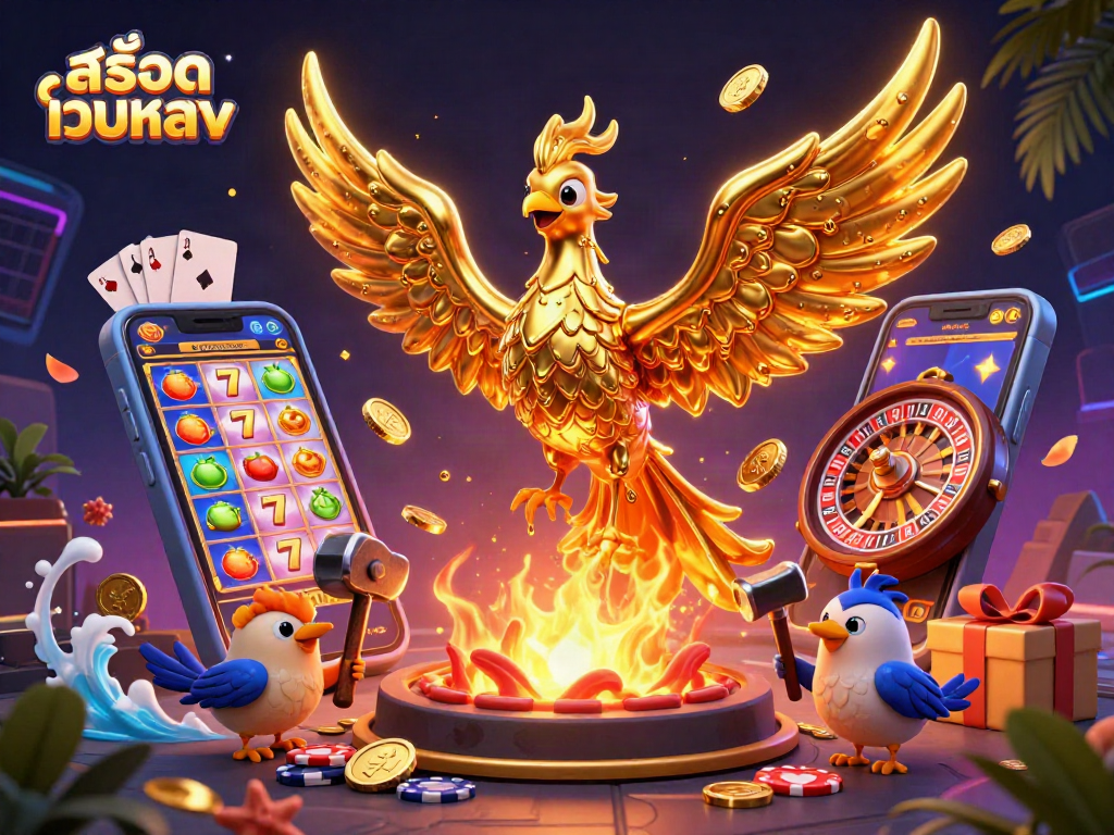 Engage with สล็อตเว็บตรง as a golden phoenix rises, surrounded by vibrant slots and casino elements.