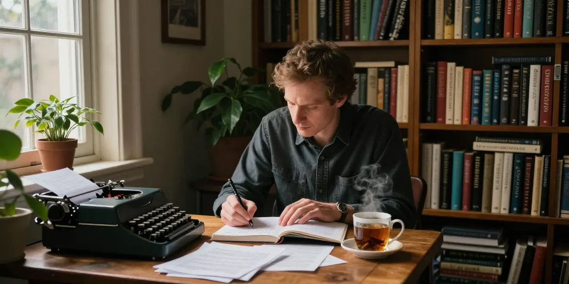 Immersive writing scene at https://tallengreenfield.com featuring T Allen Greenfield crafting notes for his book UFOnauts amidst a cozy reading nook.