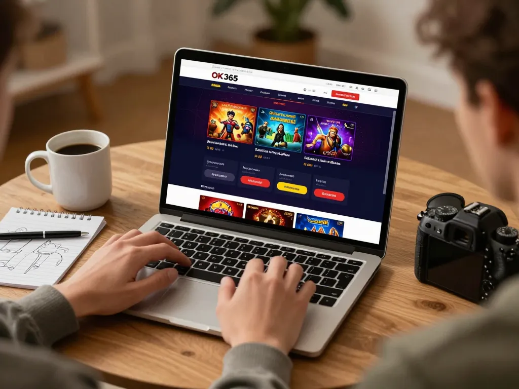 Play games on OK365 showcasing vibrant online casino options in a cozy home setup