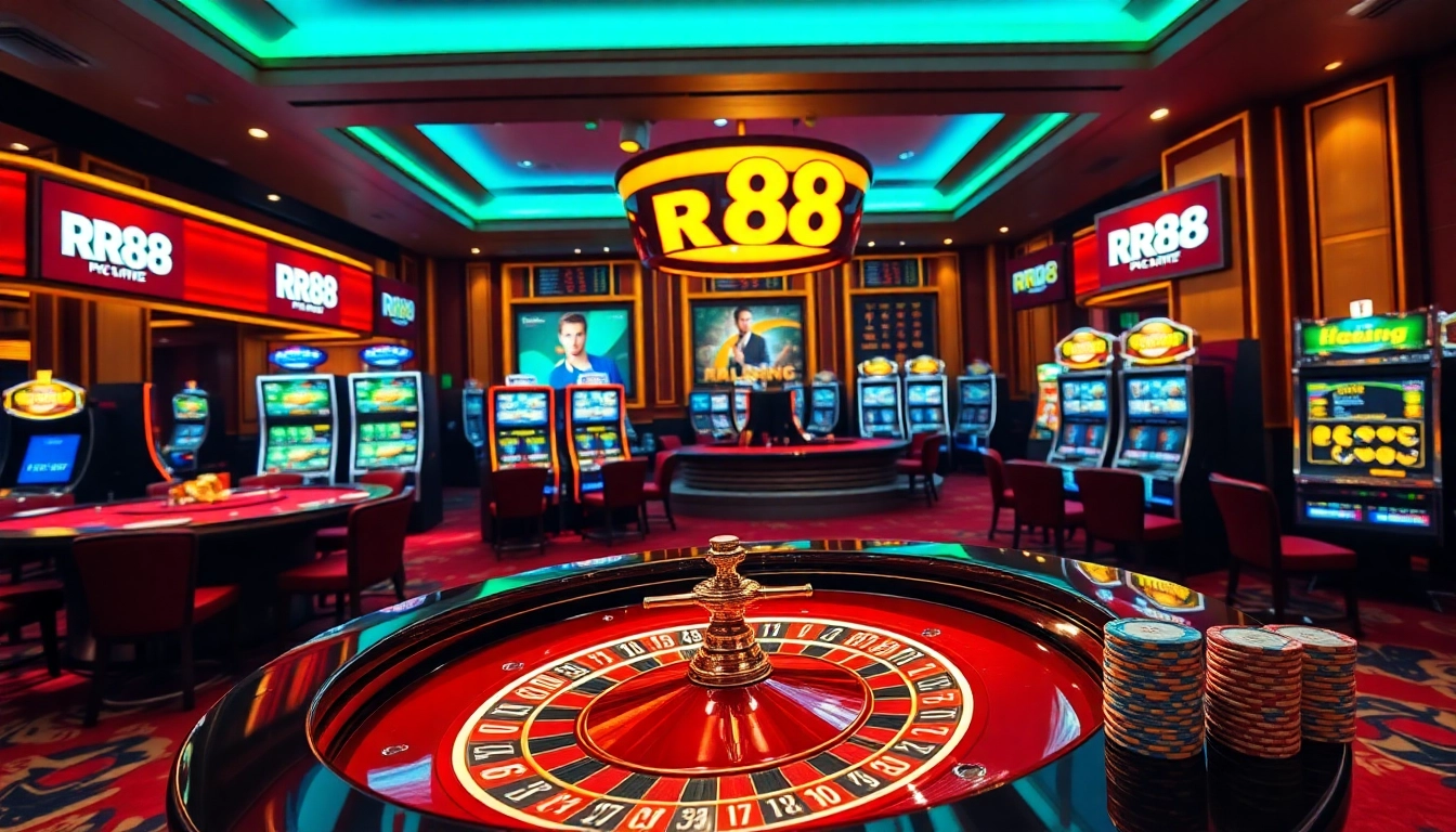 The excitement of online gambling at https://rr88sn.com/ with vibrant casino tables and poker chips.
