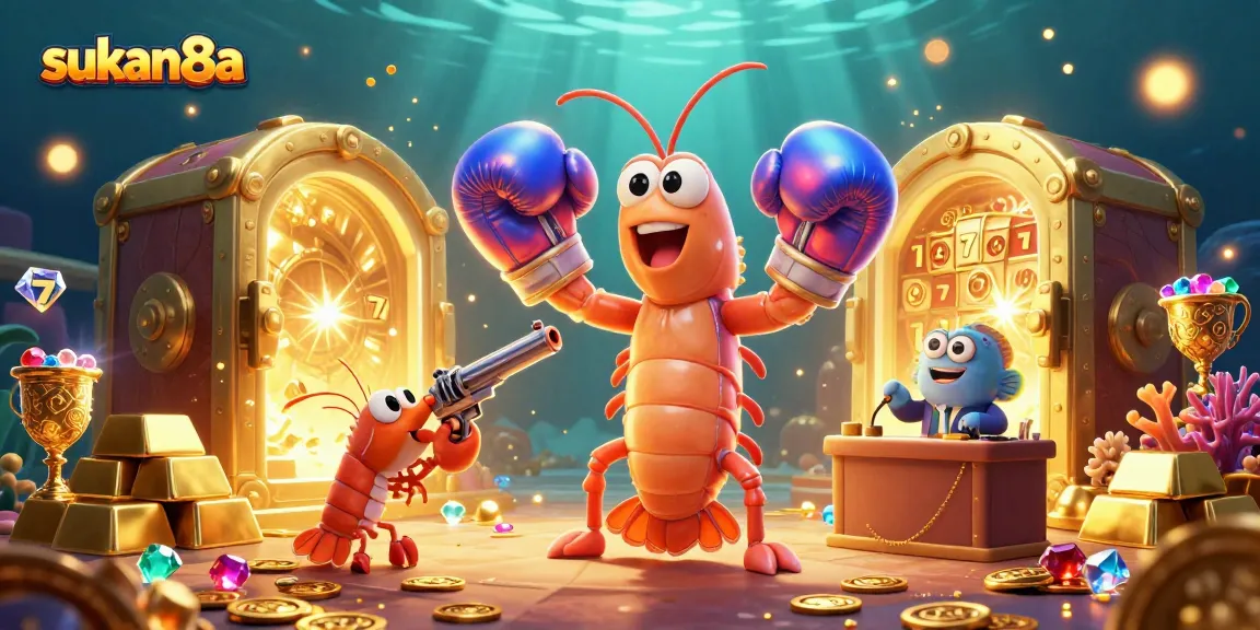 Sukan8a showcases an energetic scene with casino elements like slot reels surrounding vibrant characters.