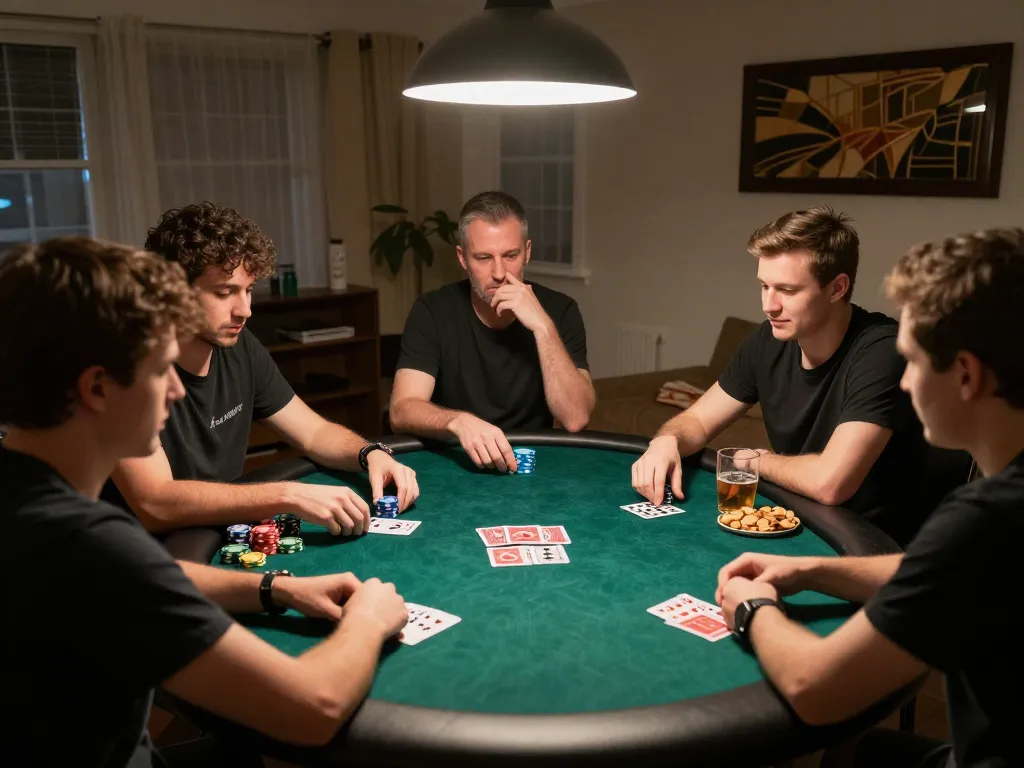 Friends enjoy a lively poker night featuring m112 strategies for winning, chips and cards in play.