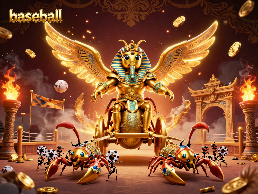 Win with baseball betting strategies illustrated by a golden scarab beetle in a dynamic gambling scene.