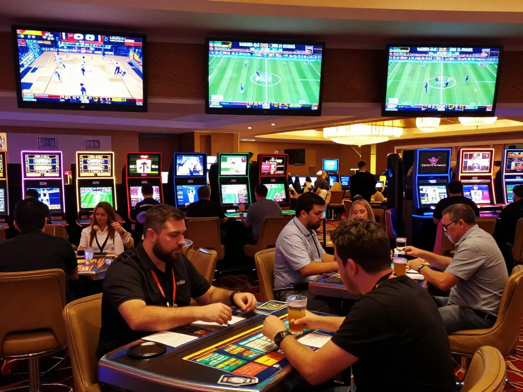 Betting enthusiasts engage in thrilling sports action at keonhacai sportsbook in a luxurious casino