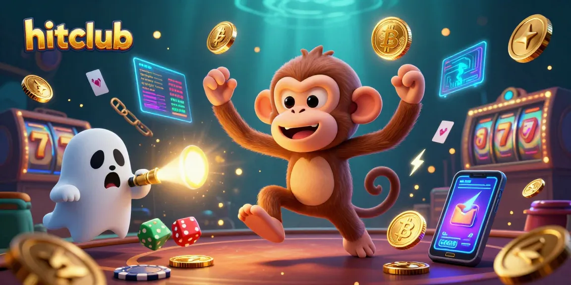 hitclub visualizes a haunted casino scene with a playful poltergeist monkey and ghost-hunter puppy amidst crypto elements.