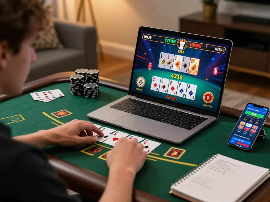 Player enjoying sun win blackjack game on laptop in cozy home setting