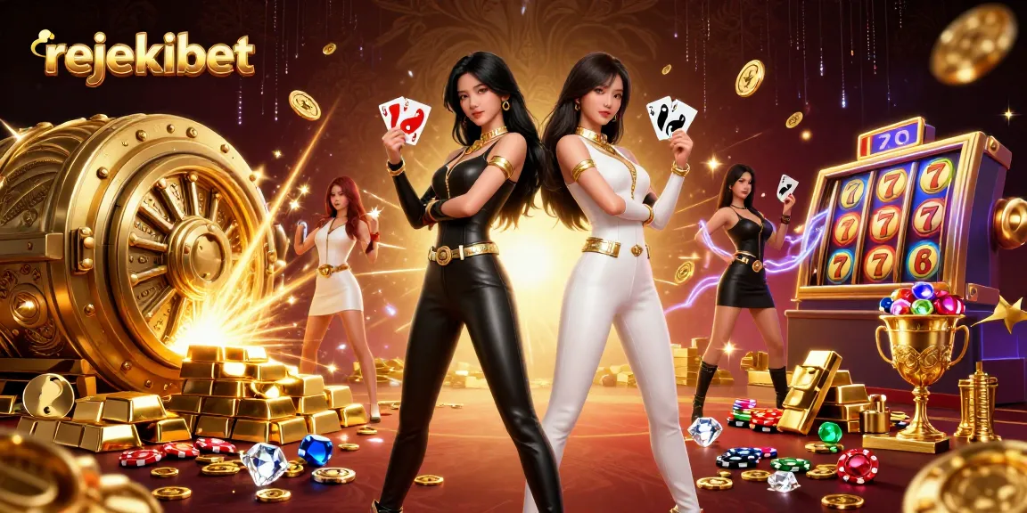 Engage with rejekibet's vibrant casino scene featuring twin women holding playing cards amidst slot elements.