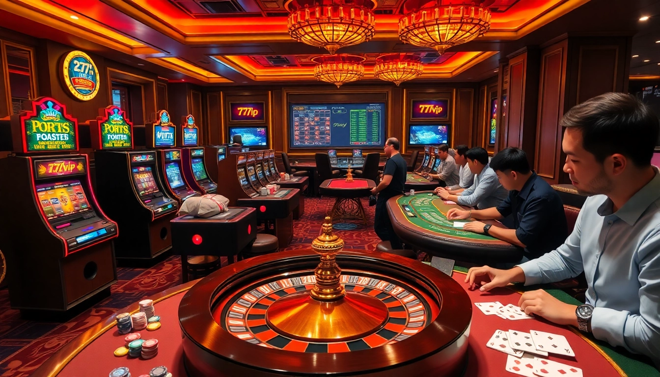 Exciting casino scene showcasing 777vip slot machines and poker tables filled with vibrant players.
