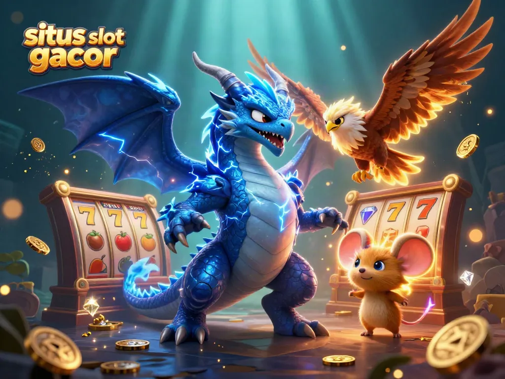 Experience situs slot gacor action with dynamic slot reels and electrifying characters in a vibrant casino illustration