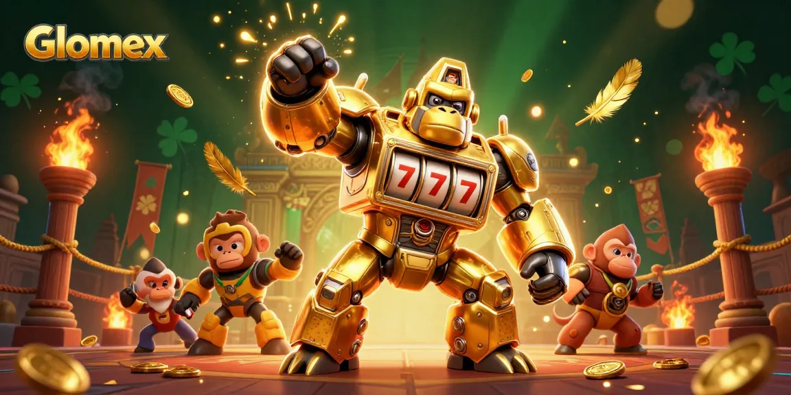 Glomex showcases an exciting 3D scene with a golden gorilla mech and dynamic casino elements, illustrating a jackpot moment.