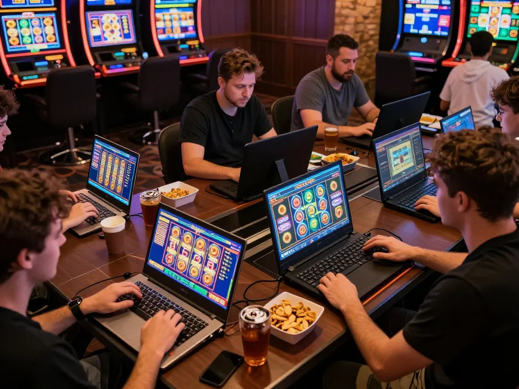Engaging players enjoy mega slot games at home, showcasing vibrant digital interfaces and cozy atmosphere