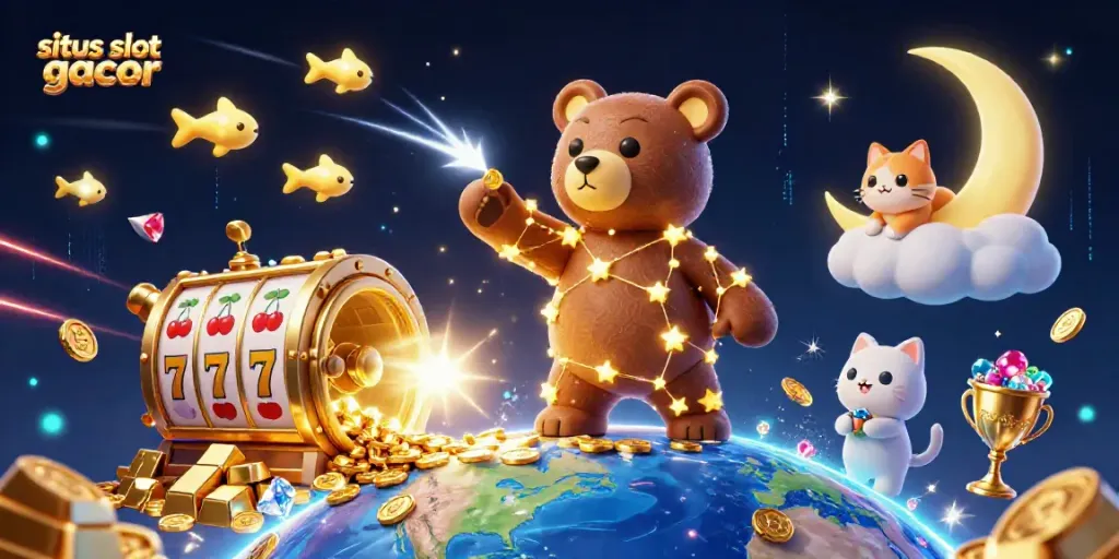 Engage in situs slot gacor excitement with a magical 3D casino scene showcasing vibrant characters and golden treasures.