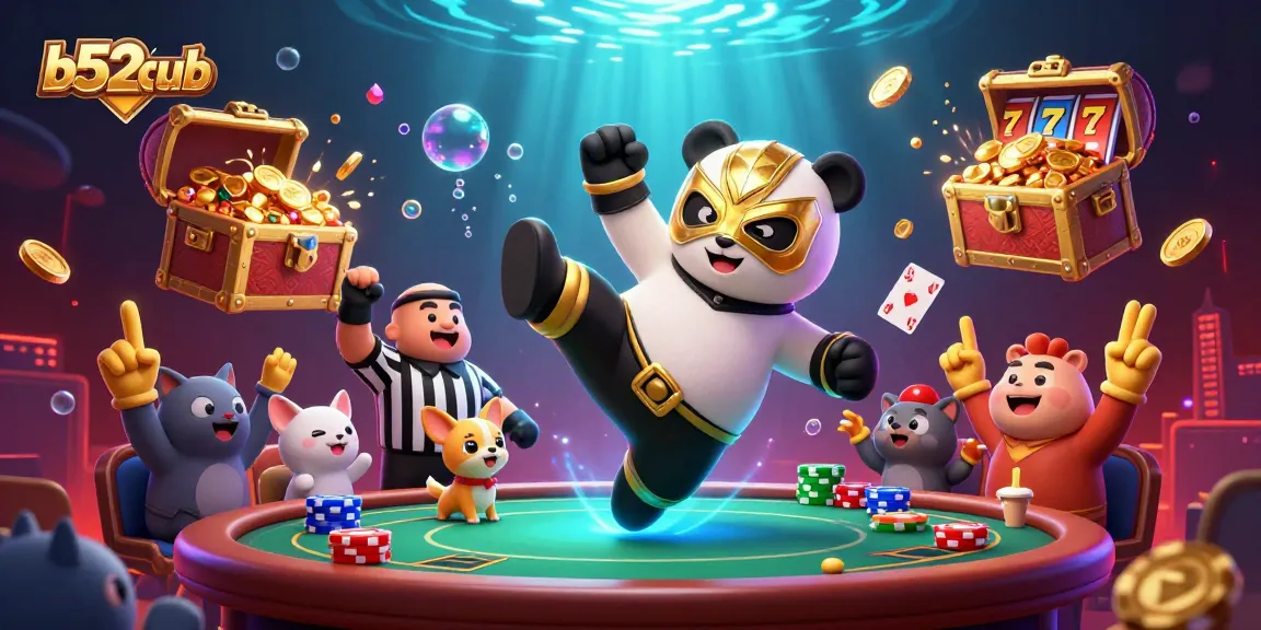 B52club showcases an exciting 3D casino scene with a wrestling panda and playful characters engaged in vibrant gaming action.