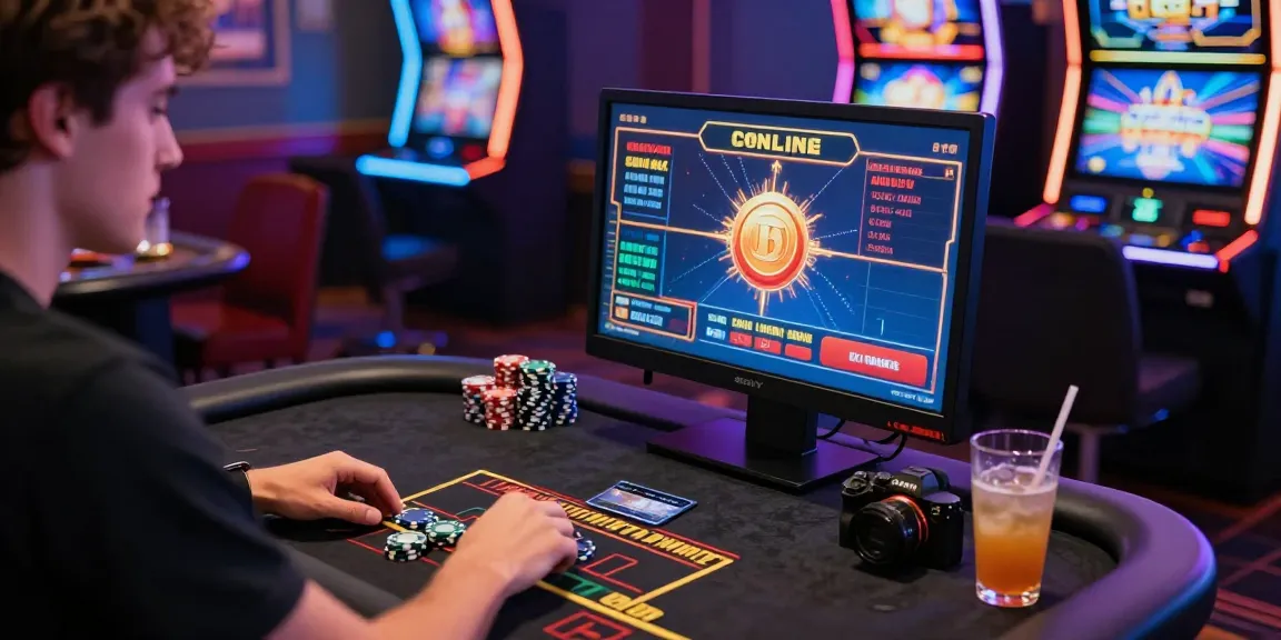 Engaged player at a credit card casino, enjoying live dealer games with vibrant casino atmosphere and modern gaming setup.