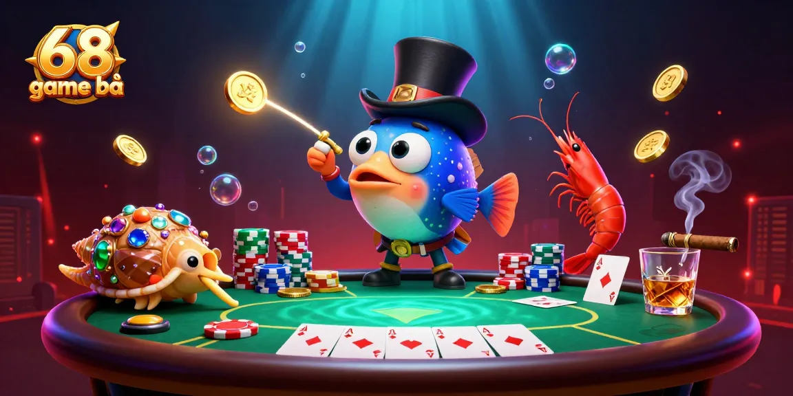 Play poker at 68 game bài with vibrant characters attracting golden coins in an engaging setting.
