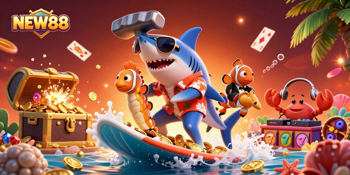 Surfing on gold coins, NEW88 features a vibrant underwater casino scene with playful characters.