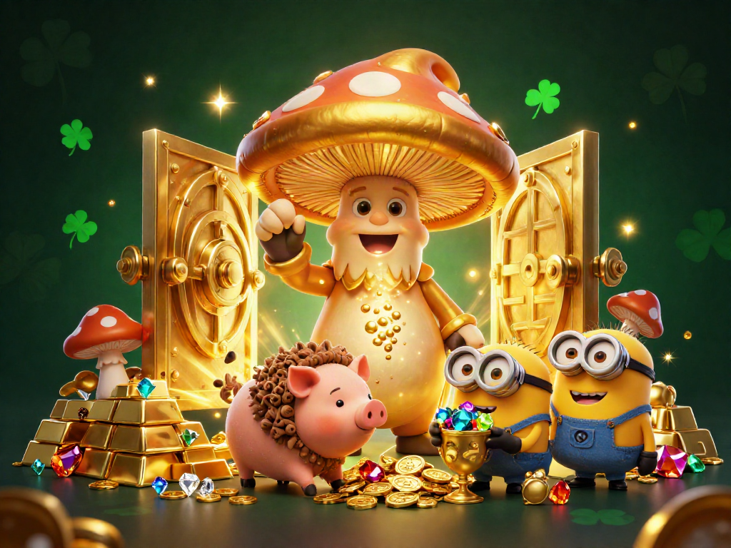 Play baccarat online in a vibrant, animated scene filled with gold and gems, showcasing an exciting casino atmosphere.