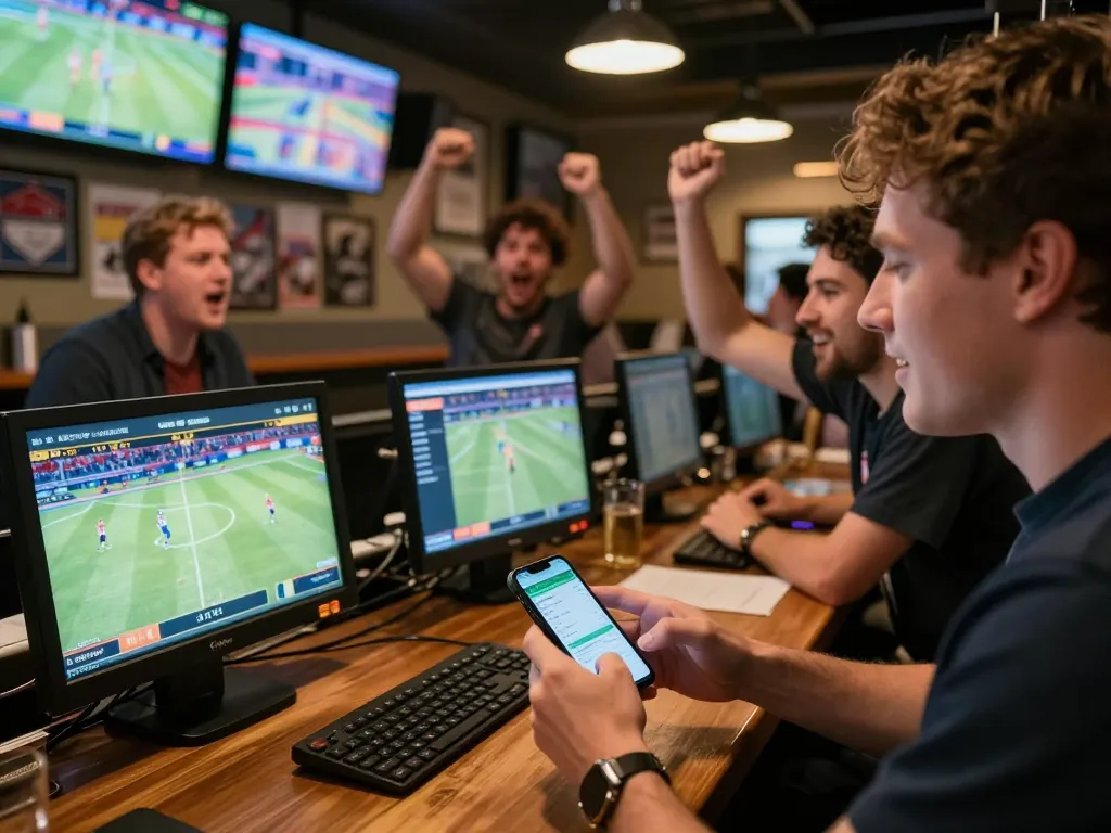 Sports bettor analyzing tỷ lệ cá cược on smartphone while cheering at lively sports bar