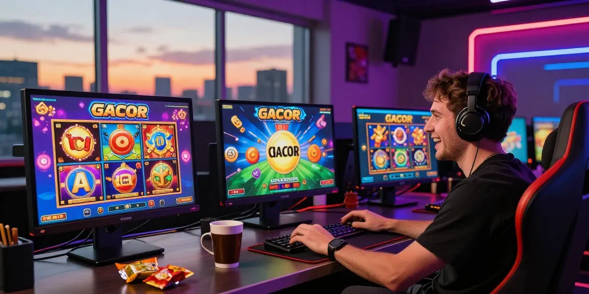 Exciting online gaming setup with slot gacor games displayed on multiple screens and an enthusiastic player.